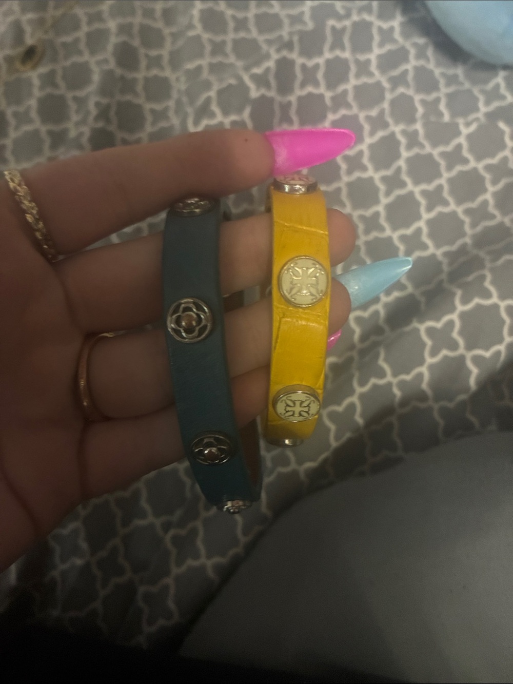 Women's Snap Bracelet Pair in Teal and Yellow with Logo Medallions
